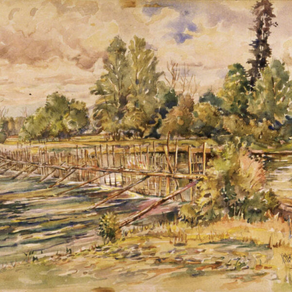 Watercolor painting "Fishing Weir on the Cowichan River, Koksilah Reserve" by Arthur D.J. Pitts