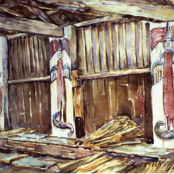 A watercolor painting of interior house posts at Quamichan by Arthur D.J. Pitts